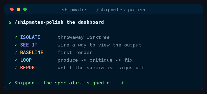 Illustrative terminal recording of the stages /shipmates-polish runs, in order.