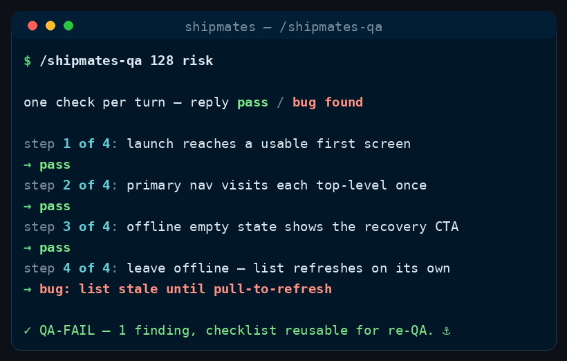 Illustrative terminal recording of an interactive /shipmates-qa session — agent announces each check, captain types pass or a bug note.