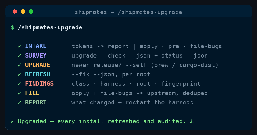 Illustrative terminal recording of the stages /shipmates-upgrade runs, in order.