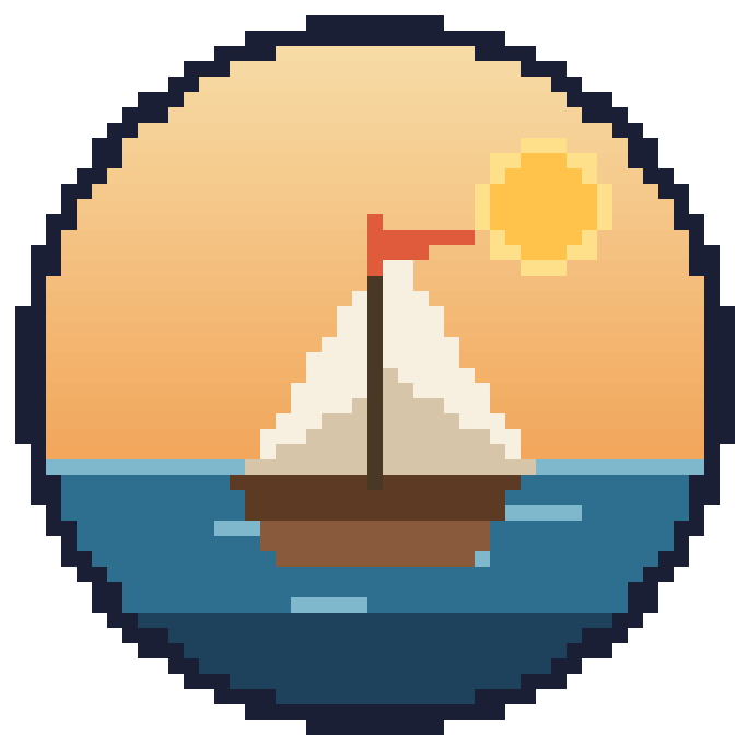 Pixel-art sailboat sailing into a sunset