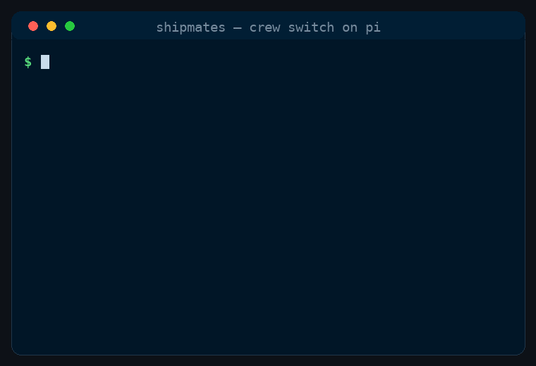 Terminal demo: /shipmates-crew sets the switch to Split, then a ship-issue run plans on a cloud model, refuses a senior-engineer that named a cloud model, and builds, tests and accepts with the doers on local models.
