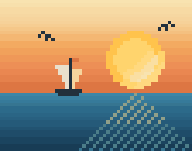 A pixel-art sunset seascape: a banded amber sky, a glowing low sun with its light glittering on a deep-blue sea, a small sailboat in silhouette on the horizon, and a few birds.