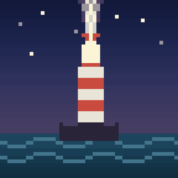 An animated pixel-art lighthouse at night, its lamp sweeping a bright warm beam back and forth across a starry sky above a shimmering sea.