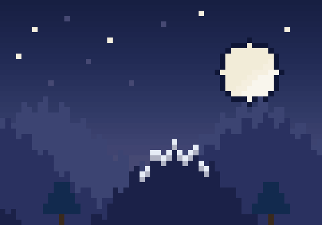 A pixel-art night scene: a glowing moon and stars over three depth-layered mountain silhouettes, a snow-capped central peak, and two pine trees.