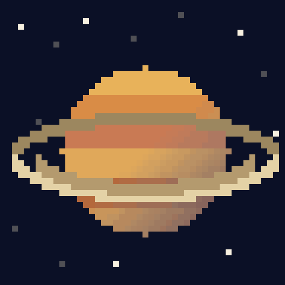 A pixel-art ringed gas giant: a banded amber planet shaded like a lit sphere with a dark limb, encircled by a thin tilted ring, over a dark starfield.