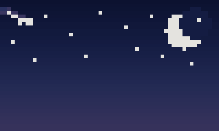 An animated pixel-art night sky with a crescent moon and twinkling stars, a shooting star streaking across with a glowing tail.