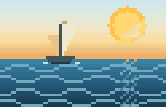 An animated pixel-art sailboat bobbing on scrolling waves under a warm sky, the low sun glittering on the water.